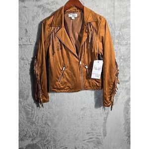 Harmony + Havoc Suede Fringe Moto Jacket Womens M Brown Faux‎ Leather Western